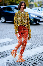 marta cygan, drape blouse, drape top, velvet pants, velvet blouse, velvet top, floral printed pants, floral printed top, floral printed blouse, light green blouse, light green top, orange pants, flare pants, silvered necklace, big chain necklace, fashion week, frenchystyle, FW, jonathan paciullo, street style, PFW, PARIS, SPRING SUMMER 2021, SS 21, vertical, full length