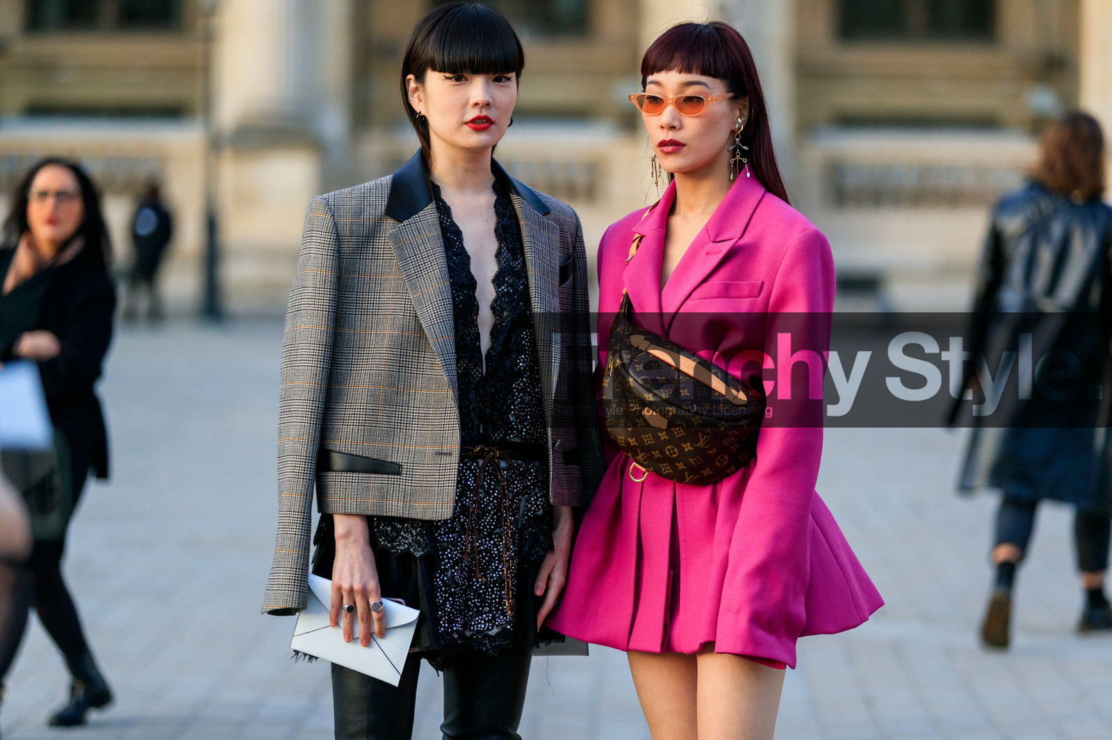 black dress, blazer, brown bag, earrings, embroidered dress, fanny pack, graphic bag, graphic dress, graphic jacket, grey jacket, high boots, kozue akimoto, leather bag, louis vuitton, mademoiselle yulia, monogram, over the shoulder, pink dress, printed bag, printed dress, printed jacket, red lips, sunglasses, PARIS, PFW, street style, jonathan paciullo, FW, frenchystyle, fashion week, AUTUMN WINTER 2019-2020, AW 19-20, FALL WINTER 2019-2020, FW 19-20, horizontal, atmosphere details, detail