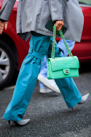 light blue pants, flare pants, grey pumps, balenciaga shoes, light green leather bag, chanel bag, animal skin bag, hand bag, bag detail, close up detail, fashion week, frenchystyle, FW, jonathan paciullo, street style, PFW, PARIS, SPRING SUMMER 2021, SS 21, vertical, atmosphere details, detail