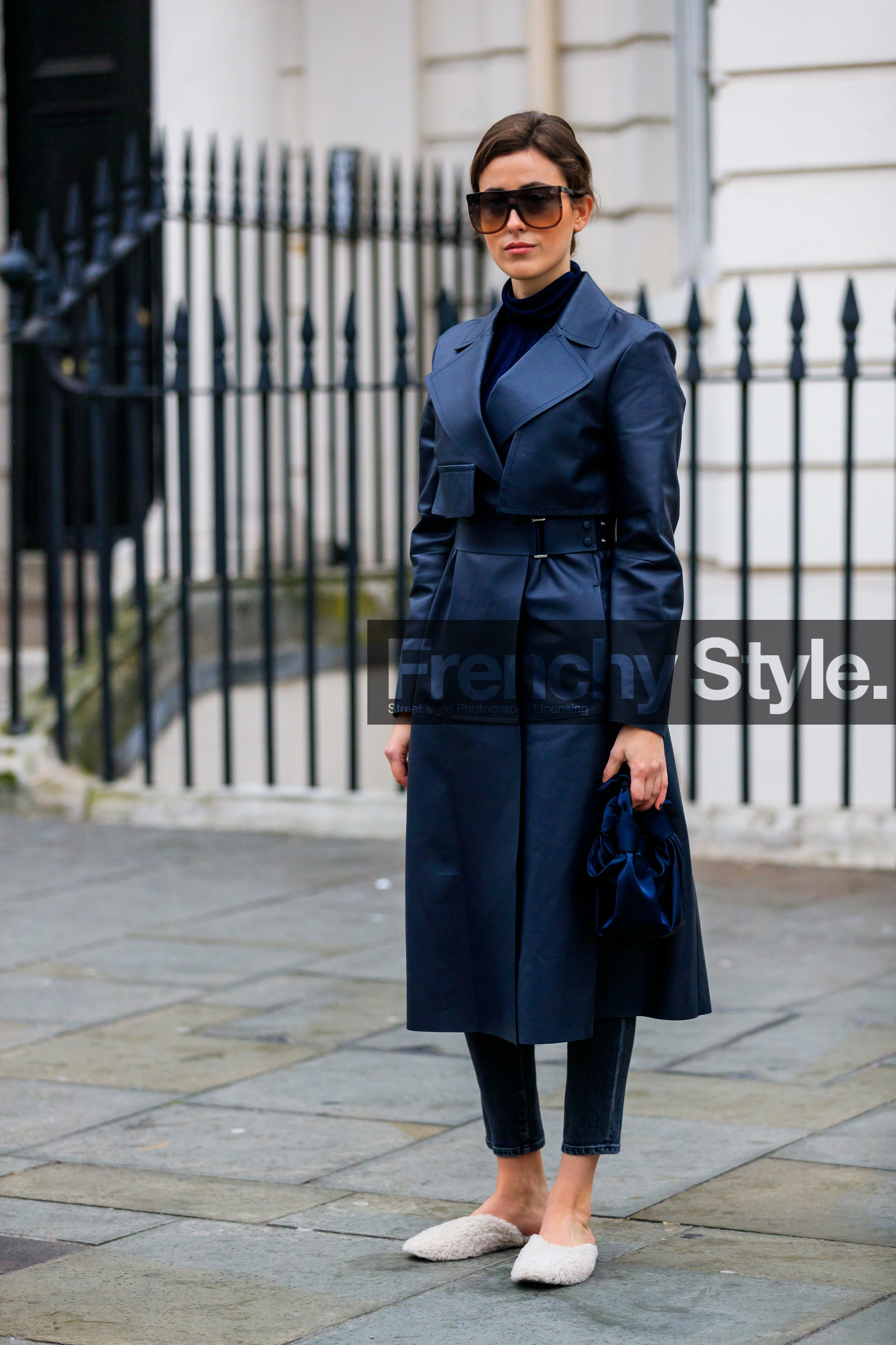 black bag, black coat, black sweater, blue bag, leather bag, leather coat, leather shoes, mules, sunglasses, sylvia haghjoo, trousers, white shoes, LONDON, LFW, fashion week, frenchystyle, FW, jonathan paciullo, street style, AUTUMN WINTER 2019-2020, AW 19-20, FW 19-20, FALL WINTER 2019-2020, vertical, full length