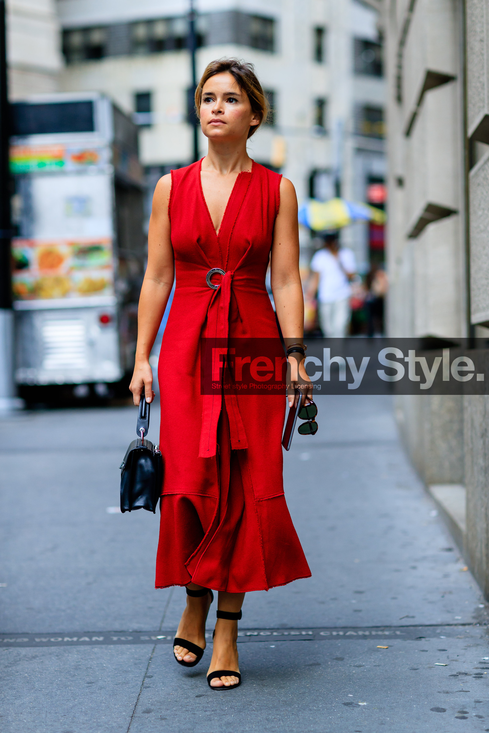 black bag, black sandals, fashion week, frenchystyle, full length, FW, high heels, jonathan paciullo, leather bag, mira duma, mira mikati, miroslava duma, NEW YORK, NYFW, open toe, red dress, SPRING SUMMER 2017, SS 17, street style, suede shoes, vertical, woman