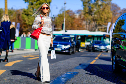 atmosphere details, brown sweater, chanel, Charlotte Groeneveld, fashion week, frenchystyle, full length, FW, horizontal, jonathan paciullo, leather bag, PARIS, PFW, printed sweater, red bag, SPRING SUMMER 2017, SS 17, street style, sunglasses, white skirt