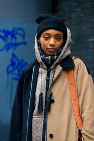 beige coat, beige sweater, black beanie, graphic sweater, hoodie, model, printed sweater, street style, jonathan paciullo, frenchystyle, NYFW, NEW YORK, AUTUMN WINTER 2019-2020, AW 19-20, FALL WINTER 2019-2020, FW 19-20, fashion week, FW, vertical, atmosphere details, detail