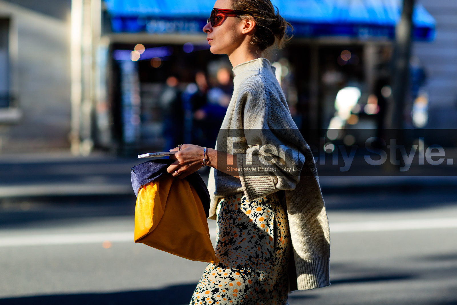 atmosphere details, beige knit, céline, detail, fashion week, floral, flower, flowers, frenchystyle, FW, horizontal, irina lakicevic, jonathan paciullo, leather bag, orange bag, PARIS, PFW, printed skirt, SPRING SUMMER 2017, SS 17, street style, sunglasses, tucked in, white skirt