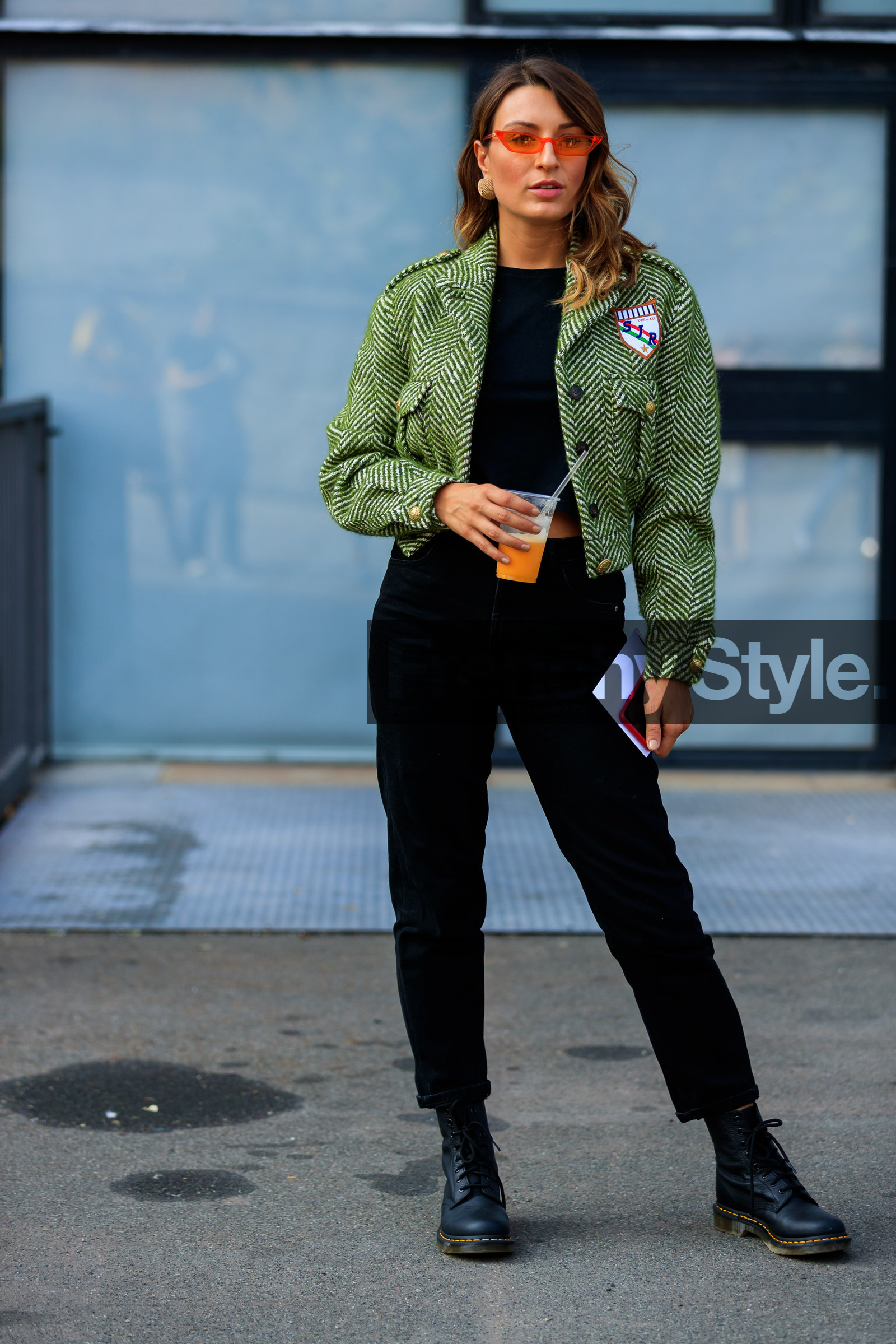 black denim, black shoes, black sweater, denim pants, earrings, embroideries, graphic jacket, green jacket, jeans, leather shoes, printed jacket, sunglasses, trousers, street style, jonathan paciullo, FW, frenchystyle, fashion week, MFW, MILAN, SPRING SUMMER 2019, SS 19, vertical, full length