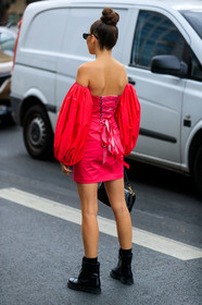 karina nigay, back details, pink dress, half shoulder dress, long sleeves dress, balloon sleeves, strapless dress, mini dress, laced dress, black leather boots, fashion week, frenchystyle, FW, jonathan paciullo, street style, SPRING SUMMER 2020, SS 20, PFW, PARIS, vertical, full length