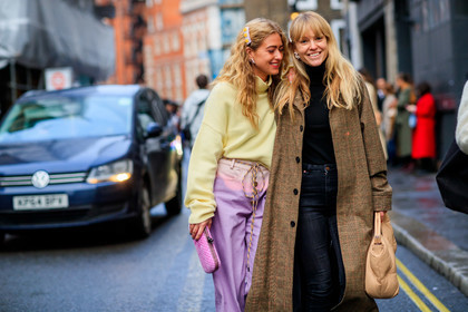 beige bag, belt, black sweater, blue denim, brown coat, denim pants, earrings, emili sindlev, graphic jacket, hair clip, jeanette madsen, jeans, leather bag, maison martin margiela, pink bag, pink denim, printed jacket, trousers, turtleneck sweater, wide pants, yellow sweater, LONDON, LFW, fashion week, frenchystyle, FW, jonathan paciullo, street style, AUTUMN WINTER 2019-2020, AW 19-20, FW 19-20, FALL WINTER 2019-2020, horizontal, atmosphere details, detail