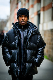 asap rocky, black leather coat, black leather pants, monogrammed coat, monogrammed pants, zipped coat, down jacket, black hat, woolen hat, marine serre coat, marine serre look, marine serre pants, fashion week, frenchystyle, FW, jonathan paciullo, street style, PFW, PARIS, AUTUMN WINTER 2020-2021, FALL WINTER 2020-2021, FW 20-21, vertical, atmosphere details, detail