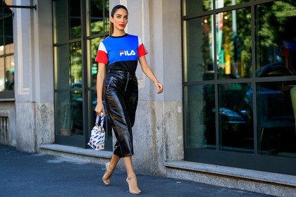 black pants, blue t shirt, crop top, fendi, fila, fringes, graphic bag, graphic top, high heels, jessica kahawaty, leather bag, leather pants, leather shoes, monogram, printed bag, printed t shirt, red lips, transparent shoes, trousers, white bag, street style, jonathan paciullo, FW, frenchystyle, fashion week, MFW, MILAN, SPRING SUMMER 2019, SS 19, atmosphere details, horizontal, full length