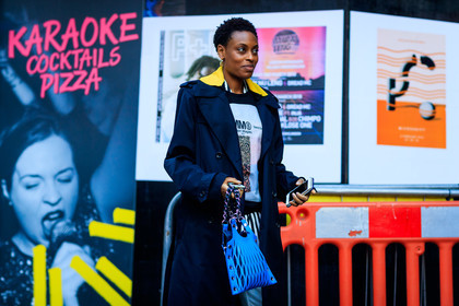 black and white, black sweater, blue bag, blue coat, graphic bag, graphic shirt, leather bag, maison martin margiela, printed shirt, printed sweater, striped shirt, street style, jonathan paciullo, FW, frenchystyle, fashion week, LFW, LONDON, AUTUMN WINTER 2018-2019, AW 18-19, FALL WINTER 2018-2019, FW 18-19, horizontal, atmosphere details, detail, donna wallace