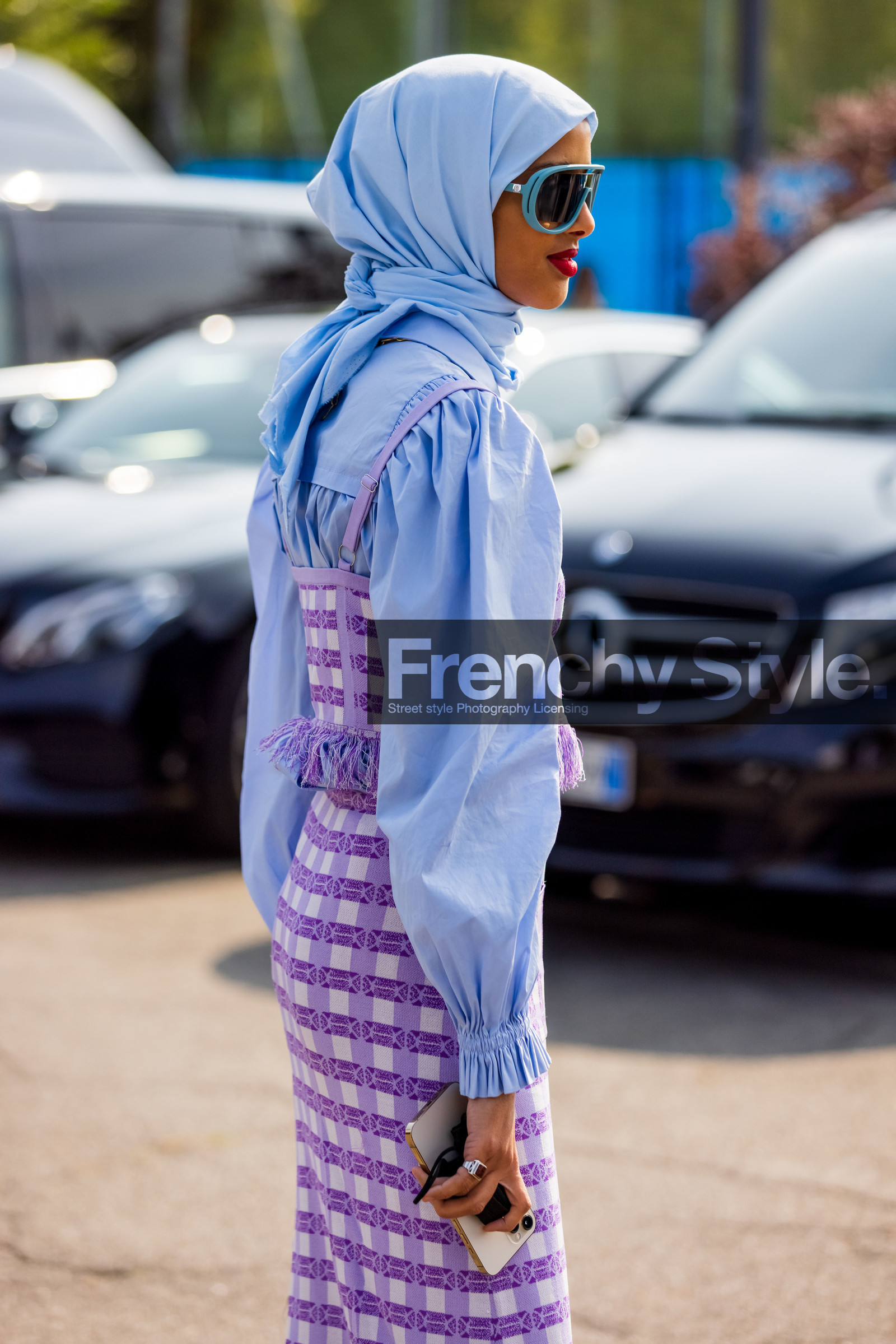 blouse, blue blouse, check, color, gather sleeves, hijab, mask sunglasses, pastel, print, puff sleeves, purple skirt, purple top, skirt, sunglasses, top, fashion week, frenchystyle, FW, jonathan paciullo, street style, MFW, MILAN, SPRING SUMMER 2022, SS 22, vertical, atmosphere details, detail