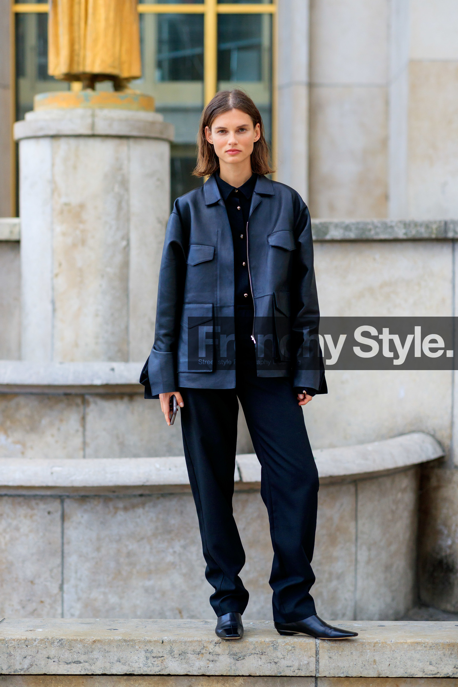 model, giedre dukauskaite, black leather jacket, black shirt, black pants, black leather boots, flat boots, squared toed shoes, sharp end boots, fashion week, frenchystyle, FW, jonathan paciullo, street style, SPRING SUMMER 2020, SS 20, PFW, PARIS, vertical, full length