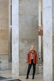 linda tol, brown leather jacket, black leather boots, black leather pants, pearl necklace, high boots, fashion week, frenchystyle, FW, jonathan paciullo, street style, SPRING SUMMER 2020, SS 20, PFW, PARIS, vertical, full length