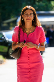 georgia tal, giorgia tal, pink dress, short sleeves dress, button dress, golden necklace, chain necklace, golden earrings, big chain necklace, multi necklace, scale strap bag, fashion week, frenchystyle, FW, jonathan paciullo, street style, vertical, atmosphere details, detail, MFW, MILAN, SPRING SUMMER 2020, SS 20
