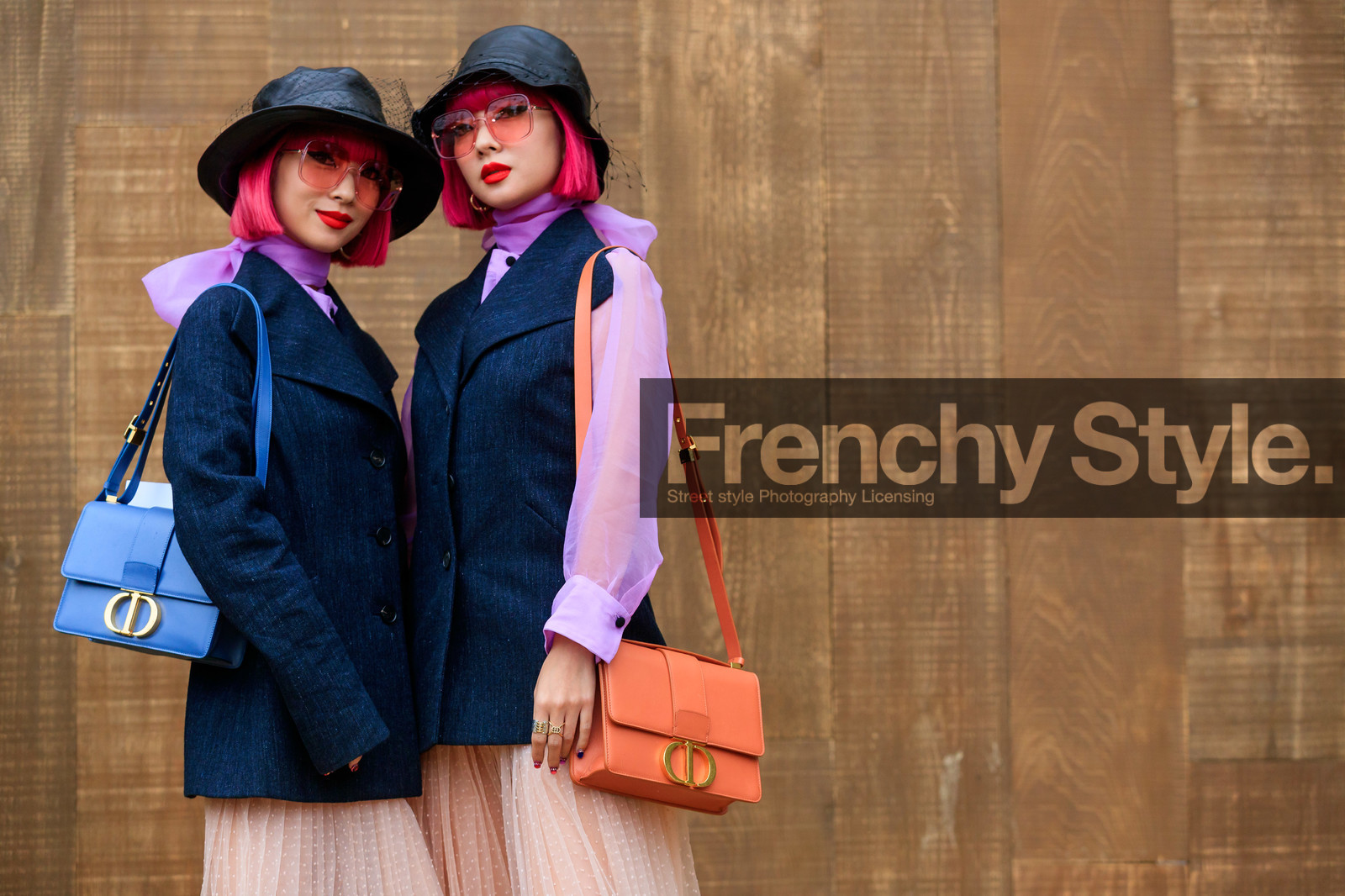 Ami and Aya Suzuki, pink hair, dyed hair, black hat, tulle hat, tulle details, pink sunglasses, square shape glasses, lilac blouse, lavalliere collar, dark grey jacket, sleeveless jacket, dior bag, dior skirt, orange leather bag, light blue leather bag, shoulder bag, nude skirt, long skirt, plumetis skirt, pleated skirt, prada boots, mini bag, laced boots, black leather boots, 30 montaigne bag, fashion week, frenchystyle, FW, jonathan paciullo, street style, SPRING SUMMER 2020, SS 20, PFW, PARIS, horizontal, atmosphere details, detail