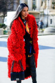 black bag, black pants, chanel handbag, Fur coat, leather bag, leather pants, red coat, red fur, trousers, street style, jonathan paciullo, FW, frenchystyle, fashion week, PFW, PARIS, AUTUMN WINTER 2018-2019, FALL WINTER 2018-2019, FW 18-19, vertical, full length, aleali may