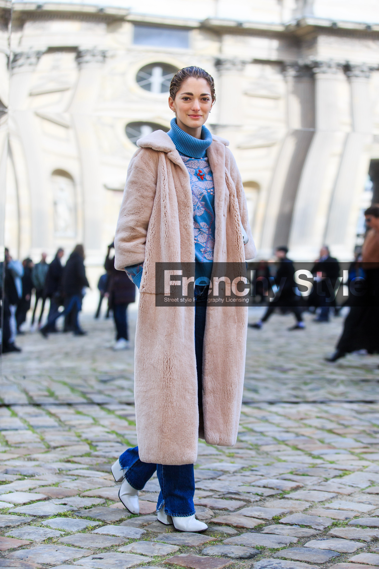 AUTUMN WINTER 2016-2017, AW 16-17, blue sweater, embroidered sweater, FALL WINTER 2016-2017, fashion week, frenchystyle, full length, fur coat, FW, FW 16-17, high heels, jonathan paciullo, leather boots, PARIS, PFW, pink coat, pink fur, sofia sanchez de betak, street style, turtleneck sweater, vertical, white boots