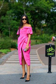 black shoes, fuschia, high heels, leather shoes, off the shoulder, pink dress, sunglasses, street style, jonathan paciullo, FW, frenchystyle, fashion week, NEW YORK, NYFW, SPRING SUMMER 2020, SS 20, vertical, full length