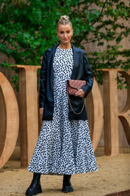 dior bag, dior earrings, black leather jacket, burgundy bag, monogrammed bag, white dress, polka dots dress, hoop earrings, golden earrings, black leather boots, big sole boots, laced boots, prada boots, fashion week, frenchystyle, FW, jonathan paciullo, street style, SPRING SUMMER 2020, SS 20, PFW, PARIS, vertical, full length