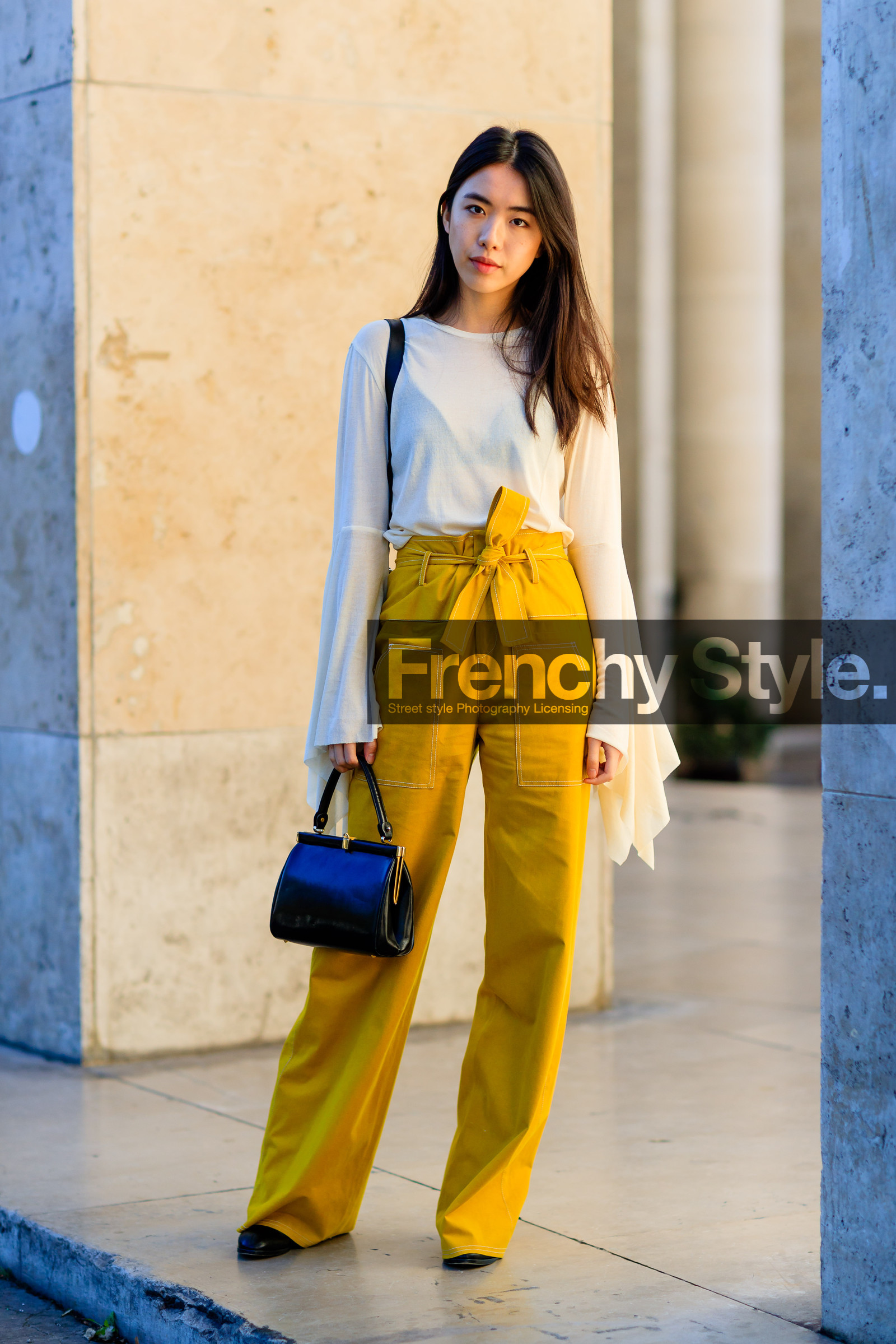 black bag, fashion week, frenchystyle, full length, FW, jonathan paciullo, leather bag, PARIS, PFW, SPRING SUMMER 2017, SS 17, street style, trousers, vertical, white shirt, yellow pants