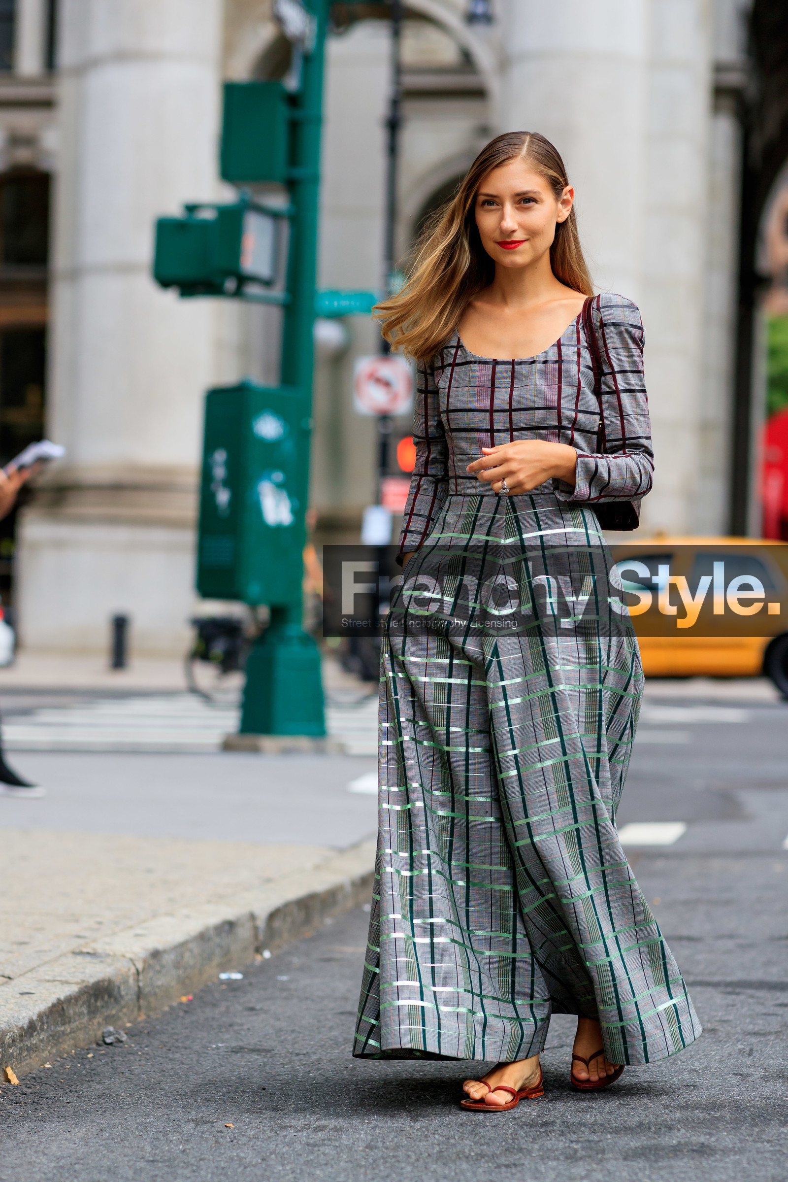 checked, flip flops, graphic dress, grey dress, jenny walton, leather shoes, plaid, printed dress, tartan, street style, jonathan paciullo, FW, frenchystyle, fashion week, NEW YORK, NYFW, SPRING SUMMER 2020, SS 20, vertical, full length