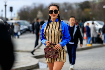 tamara kalinic, blue shirt, plaited hair, dior bag, dior sunglasses, big sunglasses, square shape glasses, beige jumpsuit, black jumpsuit, striped jumpsuit, sleeveless jumpsuit, short jumpsuit, burgundy bag, monogrammed bag, mini bag, hand bag, fashion week, frenchystyle, FW, jonathan paciullo, street style, PFW, PARIS, AUTUMN WINTER 2020-2021, FALL WINTER 2020-2021, FW 20-21, horizontal, detail, atmosphere details