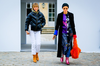 black beanie, black coat, black jacket, blue denim, camel boots, denim pants, down jacket, fur bag, graphic dress, jeans, leather shoes, orange bag, pink boots, printed dress, purple dress, sunglasses, trousers, white denim, street style, jonathan paciullo, FW, frenchystyle, fashion week, PFW, PARIS, AUTUMN WINTER 2018-2019, FALL WINTER 2018-2019, FW 18-19, horizontal, atmosphere details, full length, model, adwoa aboah, edie campbell
