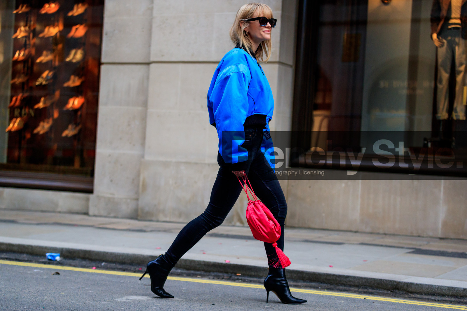 black denim, black shoes, blue jacket, bomber jacket, denim pants, high heels, jeans, leather bag, leather shoes, red bag, sunglasses, trousers, street style, jonathan paciullo, FW, frenchystyle, fashion week, LFW, LONDON, AUTUMN WINTER 2018-2019, AW 18-19, FALL WINTER 2018-2019, FW 18-19, horizontal, atmosphere details, full length, jeanette madsen