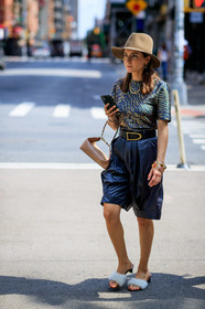 beige bag, beige hat, black belt, black shorts, fur shoes, glitter, iphone, leather bag, leather shoes, leather shorts, necklace, sequined top, white shoes, street style, jonathan paciullo, FW, frenchystyle, fashion week, NEW YORK, NYFW, SPRING SUMMER 2020, SS 20, vertical, full length