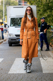estelle pigault, orange trench coat, zipped jacket, jacket dress, turtleneck top, acne studios shoes, grey sneakers, laced shoes, fashion week, frenchystyle, FW, jonathan paciullo, street style, vertical, full length, MFW, MILAN, SPRING SUMMER 2020, SS 20