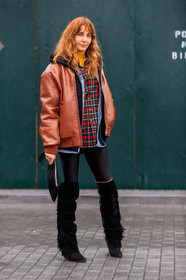 black bag, black shoes, black sweater, blue denim, brown jacket, checked, checked shirt, denim shirt, fringes, graphic shirt, high boots, high heels, hoodie, leather bag, leather jacket, leather shoes, plaid, printed shirt, tartan, tights, street style, jonathan paciullo, FW, frenchystyle, fashion week, NYFW, NEW YORK, AUTUMN WINTER 2018-2019, AW 18-19, FALL WINTER 2018-2019, FW 18-19, vertical, full length, ece sukan