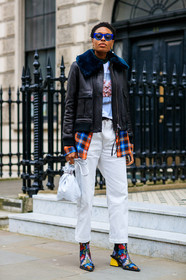 black jacket, checked shirt, earrings, fur collar, high heels, leather bag, leather jacket, leather shoes, multicolor shoes, printed shoes, sunglasses, trousers, white bag, white pants, yellow heels, street style, jonathan paciullo, FW, frenchystyle, fashion week, LFW, LONDON, AUTUMN WINTER 2018-2019, AW 18-19, FALL WINTER 2018-2019, FW 18-19, vertical, full length, donna wallace