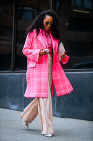 checked, crop top, graphic jacket, leather bag, leather shoes, pink coat, pink top, plaid, printed jacket, sunglasses, trousers, white pants, white shoes, street style, jonathan paciullo, FW, frenchystyle, fashion week, NYFW, NEW YORK, AUTUMN WINTER 2018-2019, AW 18-19, FALL WINTER 2018-2019, FW 18-19, vertical, full length, shiona turini