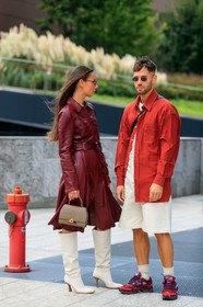 alice & j.s, JS roques, alice barbier, red shirt, white bermuda shorts, burgundy jacket, leather jacket, jacket dress, burgundy sneakers, white leather boots, high boots, high heels boots, belted jacket, beige leather bag, hand bag, rayban sunglasses, fashion week, frenchystyle, FW, jonathan paciullo, street style, vertical, full length, MFW, MILAN, SPRING SUMMER 2020, SS 20
