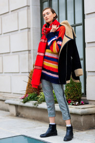 black jacket, black shoes, checked pants, graphic sweater, grey pants, leather shoes, multicolor sweater, plaid, printed pants, printed sweater, red scarf, shearling, striped sweater, trousers, street style, jonathan paciullo, FW, frenchystyle, fashion week, LFW, LONDON, AUTUMN WINTER 2018-2019, AW 18-19, FALL WINTER 2018-2019, FW 18-19, vertical, full length, model
