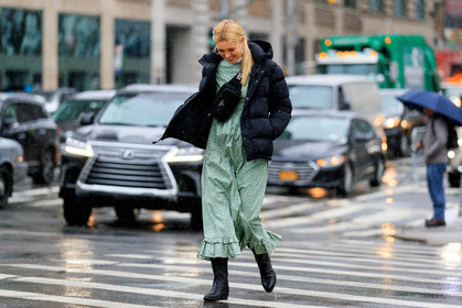 black bag, black jacket, black shoes, down jacket, fanny pack, floral, flowers, graphic dress, green dress, hood, leather bag, leather shoes, prada, printed dress, trousers, street style, jonathan paciullo, frenchystyle, NYFW, NEW YORK, AUTUMN WINTER 2019-2020, AW 19-20, FALL WINTER 2019-2020, FW 19-20, FW, fashion week, atmosphere details, horizontal, full length
