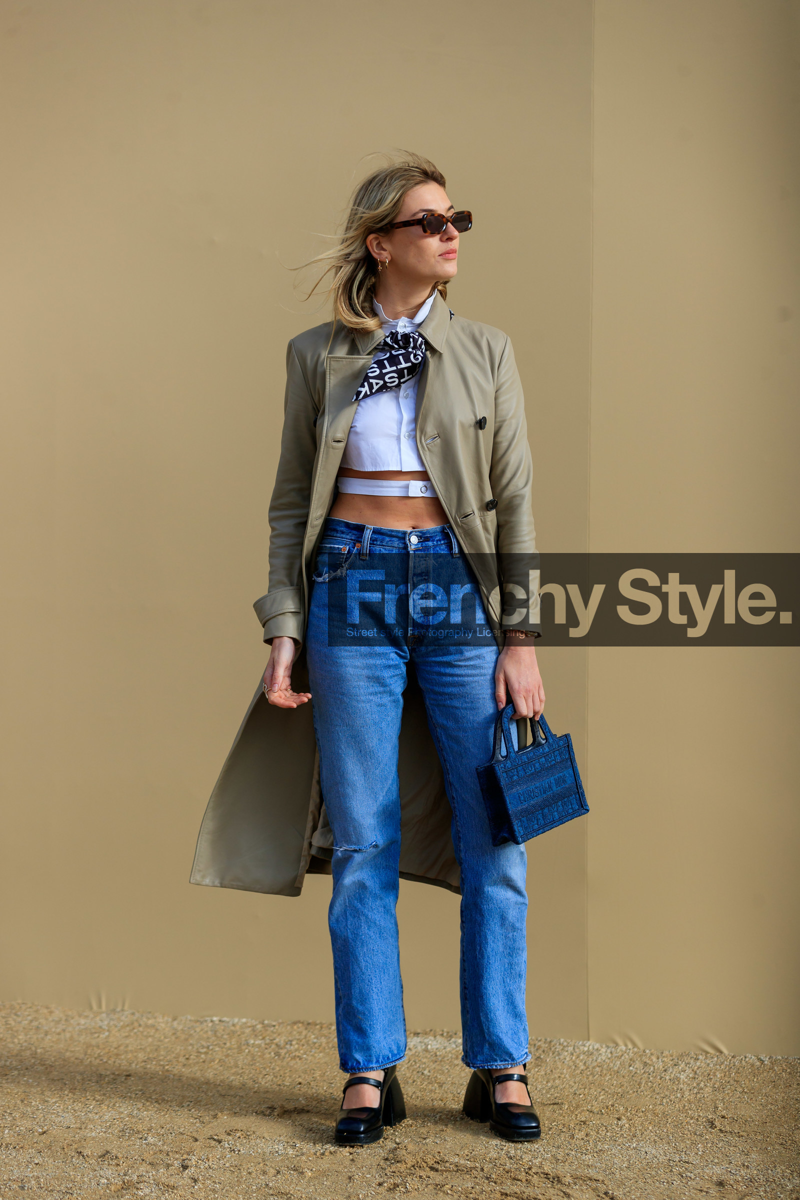 camille charriere, beige leather trench coat, white shirt, white top, cropped shirt, cropped top, black scarf, letter printed scarf, scale sunglasses, square shape glasses, blue jeans, used jeans, denim, denim bag, hand bag, mini bag, dior bag, nodaleto shoes, black leather shoes, mary jane shoes, high heels shoes, big heels, fashion week, frenchystyle, FW, jonathan paciullo, street style, PFW, PARIS, AUTUMN WINTER 2020-2021, FALL WINTER 2020-2021, FW 20-21, vertical, full length