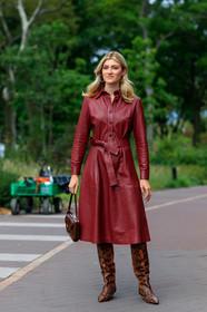 animal print, brown bag, brown boots, graphic shoes, high heels, leather dress, leather shoes, printed shoes, red dress, snake print, street style, jonathan paciullo, FW, frenchystyle, fashion week, NEW YORK, NYFW, SPRING SUMMER 2020, SS 20, vertical, full length