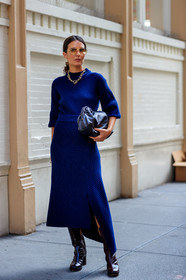 black bag, blue skirt, blue sweater, brown boots, high heels, leather bag, leather shoes, mansur gabriel, necklace, sunglasses, street style, jonathan paciullo, FW, frenchystyle, fashion week, NEW YORK, NYFW, SPRING SUMMER 2020, SS 20, vertical, full length