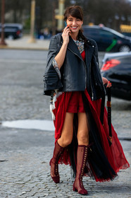black leather perfecto, burgundy dress, burgundy shorts, long dress, silk dress, satin shorts, burgundy boots, burgundy suede boots, fishnet shoes, high boots, kitten heels boots, laced boots, tulle dress, dior dress, dior boots, dior shorts, fashion week, frenchystyle, FW, jonathan paciullo, street style, PFW, PARIS, AUTUMN WINTER 2020-2021, FALL WINTER 2020-2021, FW 20-21, vertical, full length