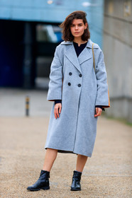 black shoes, grey coat, leather shoes, black bag, black shoes, blue jacket, brown coat, graphic pants, gucci, leather bag, leather shoes, navy pant, printed jacket, printed pants, red sweater, striped jacket, trousers, street style, jonathan paciullo, FW, frenchystyle, fashion week, LFW, LONDON, AUTUMN WINTER 2018-2019, AW 18-19, FALL WINTER 2018-2019, FW 18-19, vertical, full length