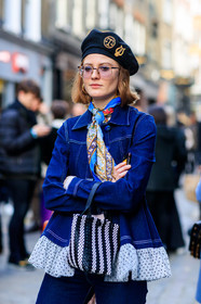 black and white bag, black hat, blue denim, blue scarf, denim pants, denim shirt, embroideries, graphic bag, jeans, leather bag, polka dot, printed bag, printed scarf, striped bag, trousers, street style, jonathan paciullo, FW, frenchystyle, fashion week, LFW, LONDON, AUTUMN WINTER 2018-2019, AW 18-19, FALL WINTER 2018-2019, FW 18-19, vertical, atmosphere details, detail