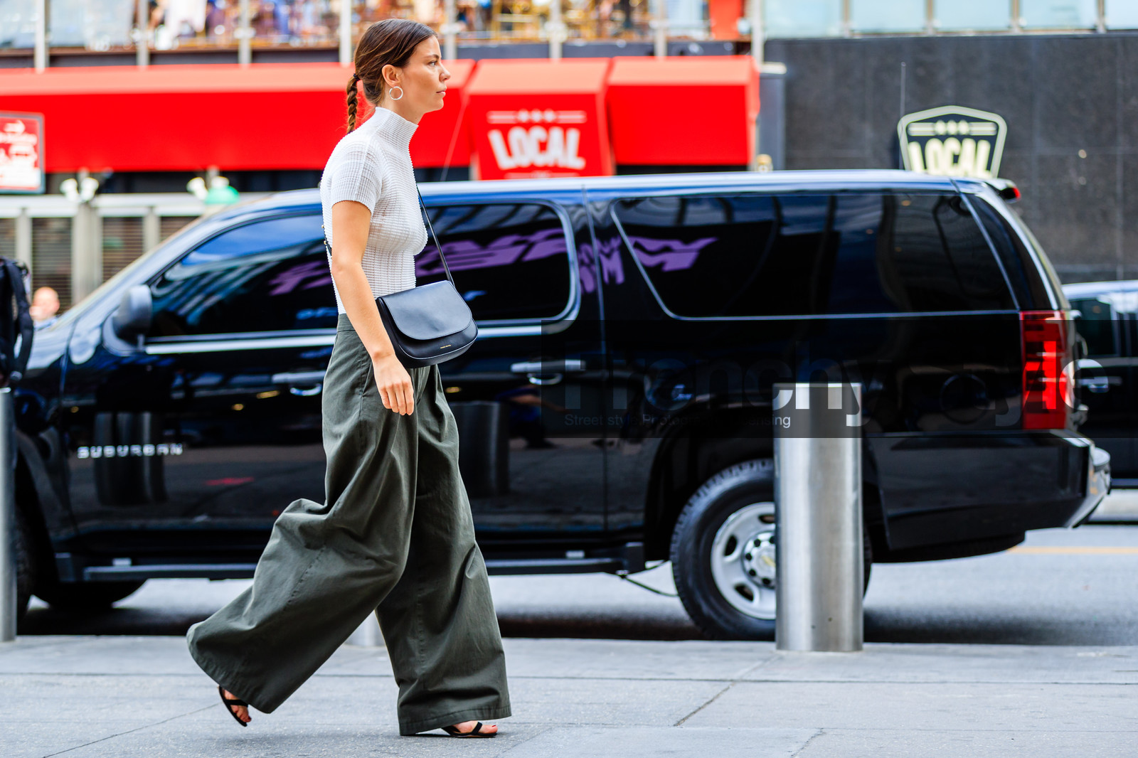 annina mislin, atmosphere details, black bag, braids, fashion week, frenchystyle, full length, FW, green pants, horizontal, jonathan paciullo, leather bag, NEW YORK, NYFW, SPRING SUMMER 2017, SS 17, street style, trousers, white top, wide pants, woman