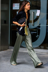 black bag, black cardigan, earrings, green pants, high waist, leandra medine, necklace, pompons, trousers, street style, jonathan paciullo, FW, frenchystyle, fashion week, NEW YORK, NYFW, SPRING SUMMER 2020, SS 20, vertical, full length