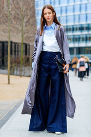 AUTUMN WINTER 2017-2018, AW 17-18, black bag, blue shirt, FALL WINTER 2017-2018, fashion week, frenchystyle, full length, FW, FW 17-18, grey jacket, jonathan paciullo, lace top, leather bag, LFW, LONDON, navy pants, robe, silk jacket, street style, trousers, vertical, white top, wide pants