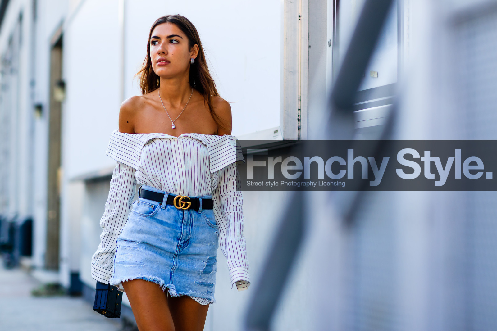 atmosphere details, black bag, black belt, blue denim, bustier top, denim skirt, detail, fashion week, frenchystyle, FW, gucci, horizontal, jonathan paciullo, leather belt, leather clutch, louis vuitton, NEW YORK, NYFW, off the shoulder, patricia manfield, SPRING SUMMER 2017, SS 17, street style, striped shirt, stripes, white shirt, woman