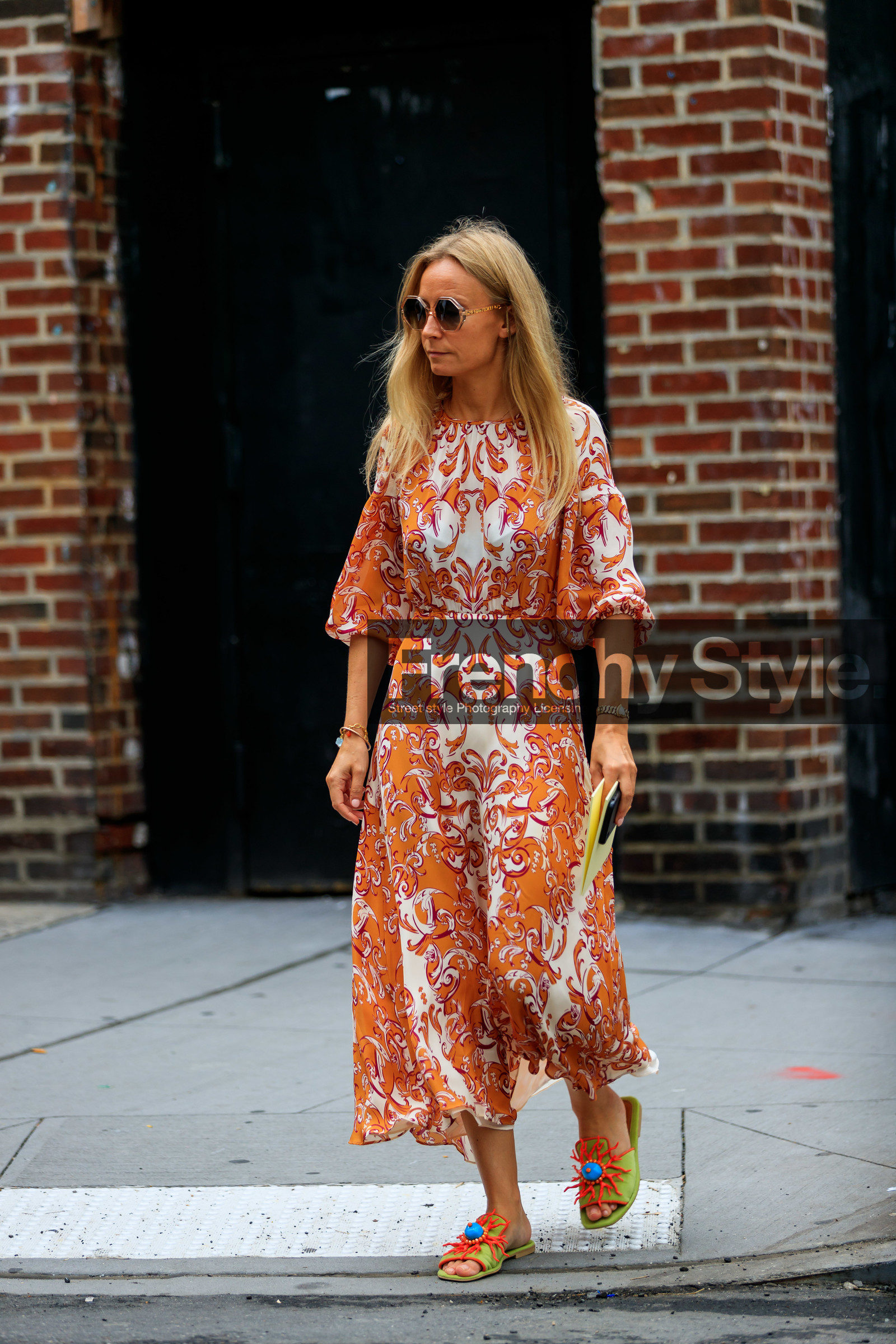 graphic dress, graphic shoes, green shoes, leather shoes, multicolor shoes, orange dress, printed dress, printed shoes, sunglasses, street style, jonathan paciullo, FW, frenchystyle, fashion week, NEW YORK, NYFW, SPRING SUMMER 2020, SS 20, vertical, full length