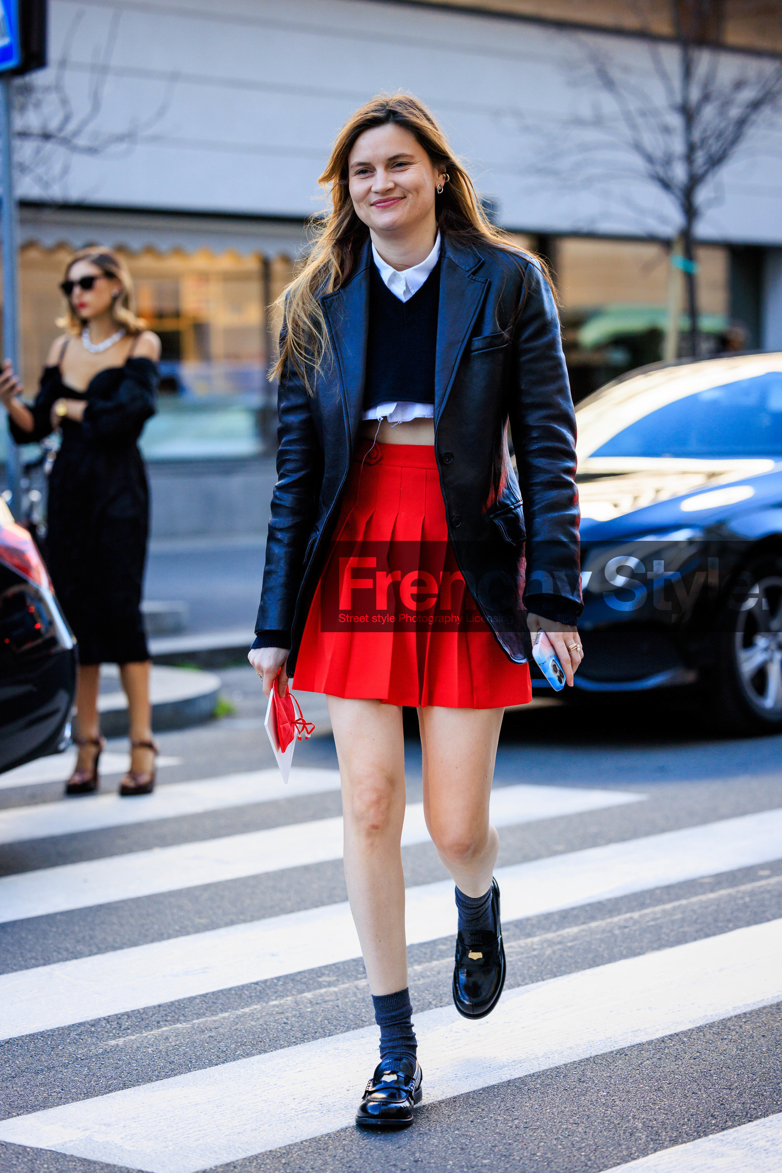 pleated skirt, school girl skirt, red skirt, mini skirt, leather jacket, black jacket, cropped top, black socks, leather derbies, black derbies, black top, black cropped top, knitted top, white shirt, eugenie trochu, fashion week, frenchystyle, FW, jonathan paciullo, street style, vertical, full length