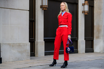 black bag, black shoes, blue bag, blue shirt, earrings, embroidered bag, high heels, leather bag, leather belt, leather shoes, miu miu, red jumpsuit, trousers, white belt, street style, jonathan paciullo, FW, frenchystyle, fashion week, LFW, LONDON, AUTUMN WINTER 2018-2019, AW 18-19, FALL WINTER 2018-2019, FW 18-19, horizontal, atmosphere details, full length, thora valdimars