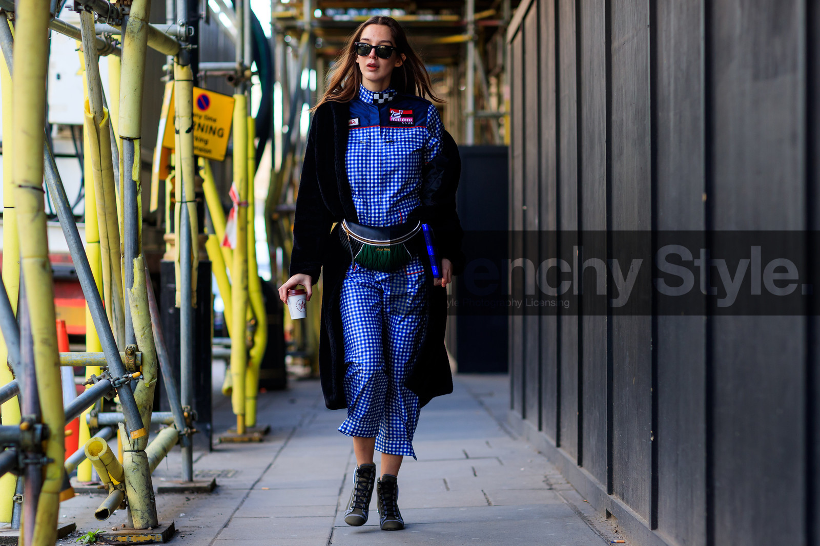black fur coat, blue jumpsuit, check jumpsuit, checked, fanny pack, gingham, graphic jumpsuit, graphic pants, green bag, green boots, high heels, leather bag, leather shoes, miu miu, off the shoulder, plaid, printed jumpsuit, printed pants, printed shoes, sunglasses, trousers, fashion week, frenchystyle, FW, jonathan paciullo, street style, LFW, LONDON, AUTUMN WINTER 2018-2019, AW 18-19, FALL WINTER 2018-2019, FW 18-19, horizontal, atmosphere details, full length, estelle pigault
